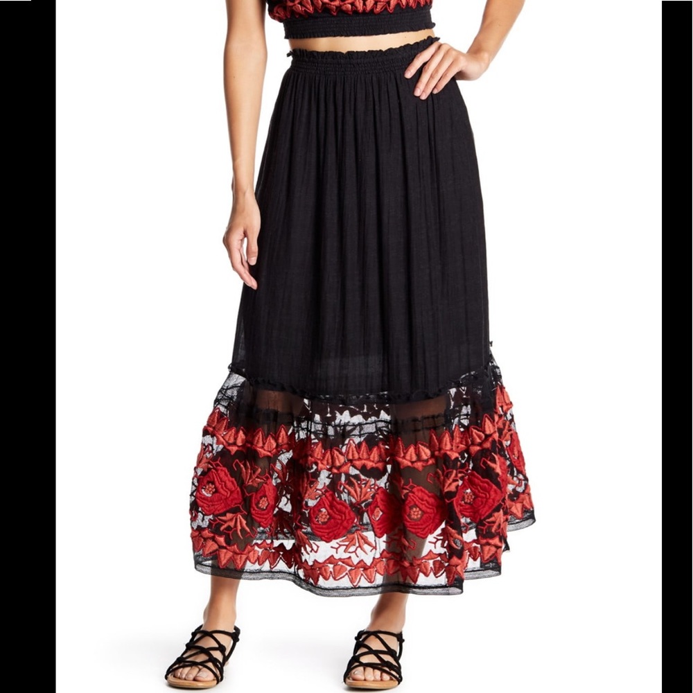 new Free People Black Red Rosebud Maxi Skirt